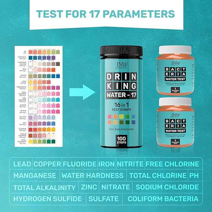 JNW Direct 17-in-1 Drinking Water Test Kit - 100 Strips + 2 Bacteria Tester Kits - Well, Tap, Home, City Water Testing Strip for Lead, Alkaline, Chlorine, Hardness, Iron, Fluoride, Copper & More