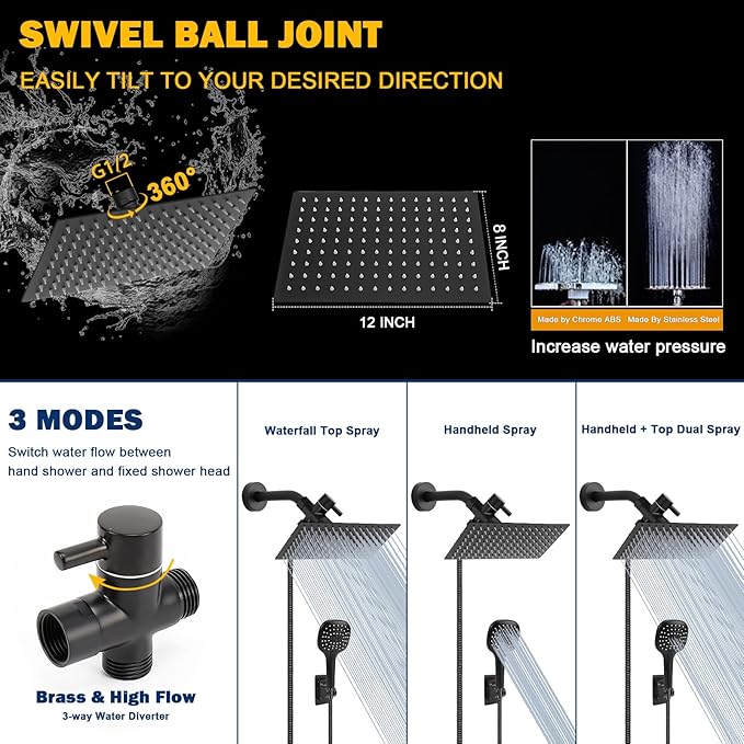 NearMoon Shower Head with Hose, High Pressure Stainless Steel Rain Shower and 3 Settings Handheld Spray Combo with Push Button Flow Control (12 Inch, Matte Black) - AquaVibe