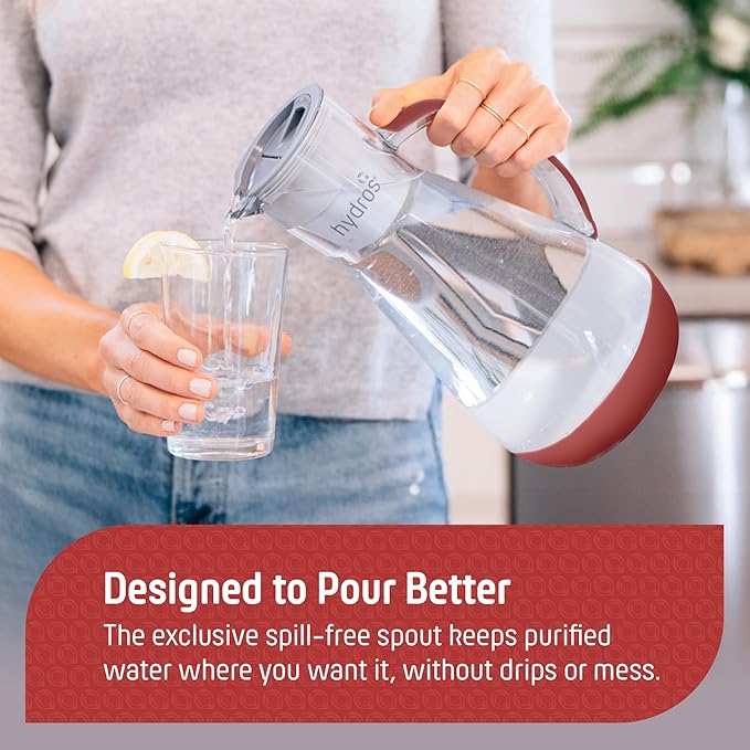 Hydros 64 Ounce Water Filter Pitcher with Patented Fast Flo Tech, 60 Second Quick Fill-Up and BPA-Free Recyclable Filter, Eight Cup Capacity, Red