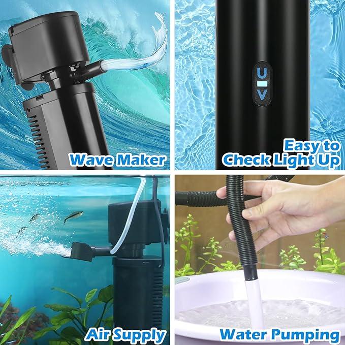 Aquarium Filter for 40-150 Gallon Tank, U-V Fish Tank Green Clean Machine Submersible Powerful Pump Canister Filter 400GPH for Pond Turtle Tank Saltwater Freshwater Crystal Clear Green Killing - AquaVibe
