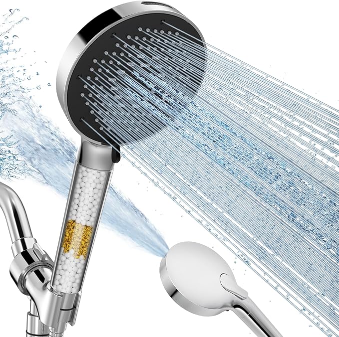 NSF Certified Filtered Shower Head with Handheld for Hard Water to Remove Chlorine High Pressure 9-Spray Setting (with Power Wash) Anti-Clog Nozzles (1 Filter, Chrome Silver)