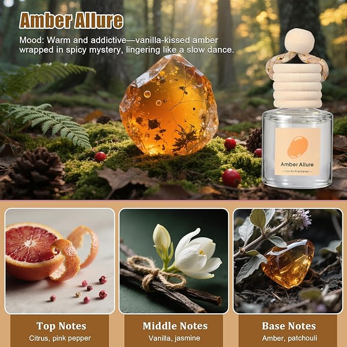 Car Air Freshener Oil Diffuser - Hanging Long Lasting Scent for Car & Home, Essential Oil Freshener with Adjustable Fragrance (Lavender+Red Roses+Oud Wood+Amber Allure)