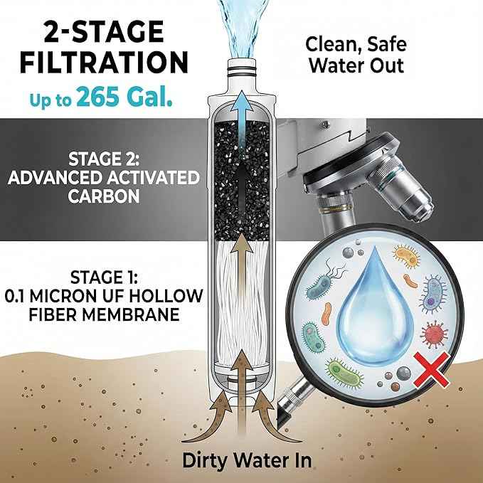 Tactiko Survival 20oz/600ml Purifying Water Bottle Filter Kit - Filter 265 Gal. Water from Rivers, Lakes & Streams - SGS Certified - UF Membrane, Activated Carbon - Camping, Hiking, Emergency (Black)