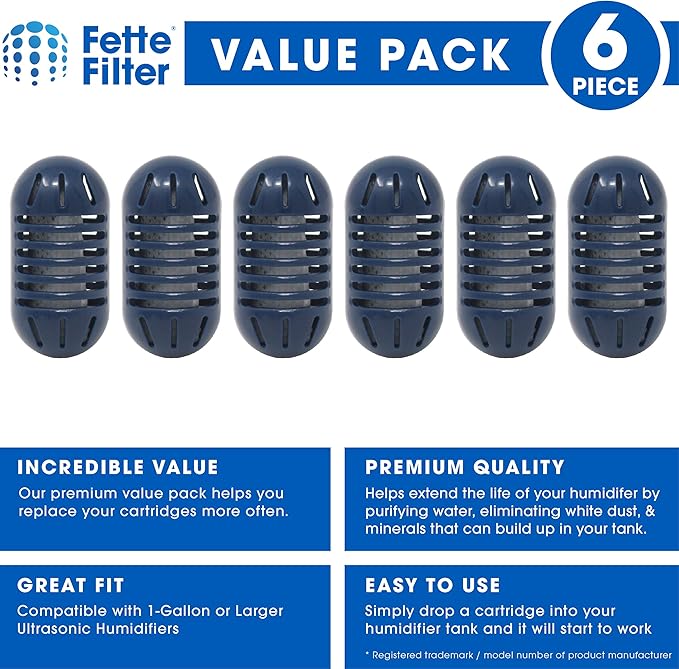 Fette Filter - Ultrasonic Demineralization Humidifier Replacement Cartridges Filters Mineral Deposits, Purifies Water (Pack of 6)