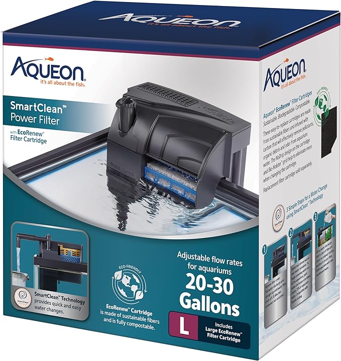 Aqueon SmartClean Power Filter with EcoRenew Filter Cartridge, Quick and Easy Water Changes, Quiet Operation, Adjustable Flow, for 20-30 Gallon Freshwater and Saltwater Aquariums, Large - AquaVibe