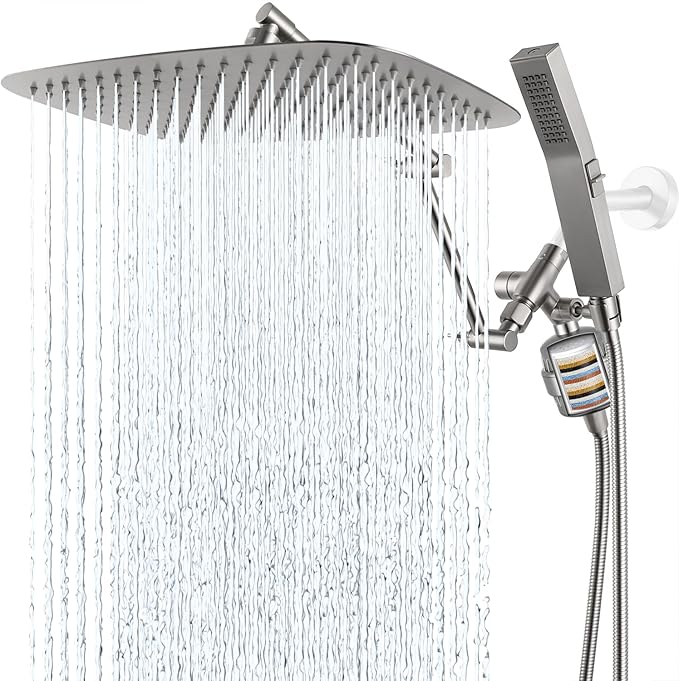 G-Promise All Metal 14 Inch Dual Shower Head with Handheld Combo, Rain Shower Head, with 16 Stage Shower Filter For Hard Water, Reduces Chlorine and Fluoride, Improves Dry Skin (Brushed Nickel)