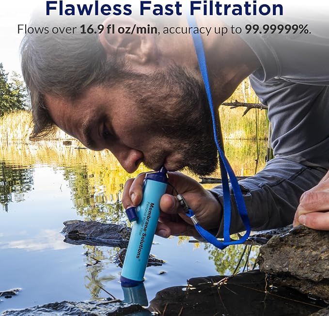 Membrane Solutions Upgrade 5 Stage Blue Water Filter Straw 6 Pack and Gravity Water Filter Pro 6L, 0.1-Micron Versatile Water Purifier Survival Gear and Equipment for Group Camping Emergency