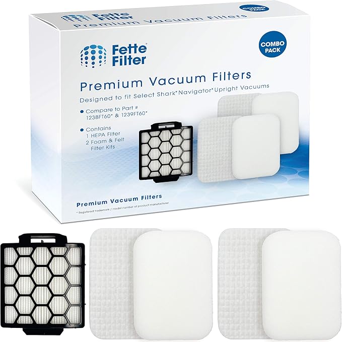 Fette Filter - 1 HEPA & 2 Foam Filters for Shark Navigator Pet Plus NV150, NV251, NV255 and Zero-M Self-Cleaning Brushroll Pet Pro ZU62, ZU62C, ZU60 Upright Vacuum. Replacement # 1238FT60 & 1239FT60