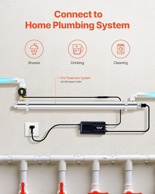 VEVOR Purifier UV Water, 55 W, 12 GPM, 110 V, Versatile Ultraviolet Water Purification Filter with Stainless Steel housing, UV Water Filter for The Whole House with Quartz Sleeve