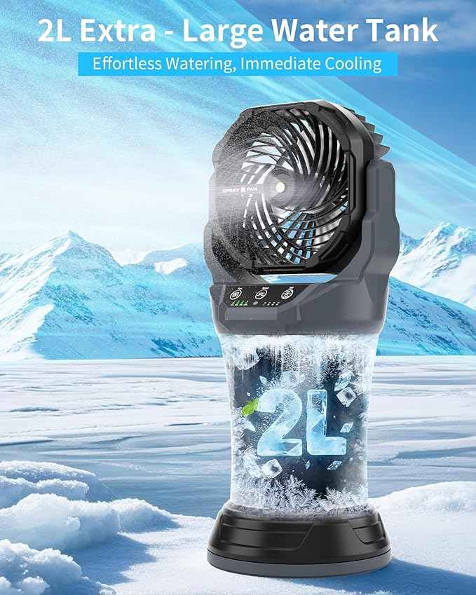 AVV Portable Misting Fan with RGB Ambient Light- 2L Water Tank, 4 Speeds & Spray Mist Fan, 30000mAh Rechargeable Misting Fans for Outdoor/Indoor Fans for Camping, Patio, Garden, Grey-Black