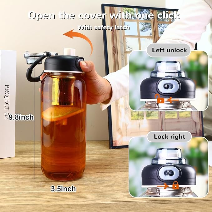 34oz Glass Water Bottle with capacity Mark & Stainless Steel Tea Strainer-Large Capacity for Hot/Cold Drinks,Coffee,Tea,and Water-Includes Protective Sleeve,Perfect for Home,Office (34oz4PCS)