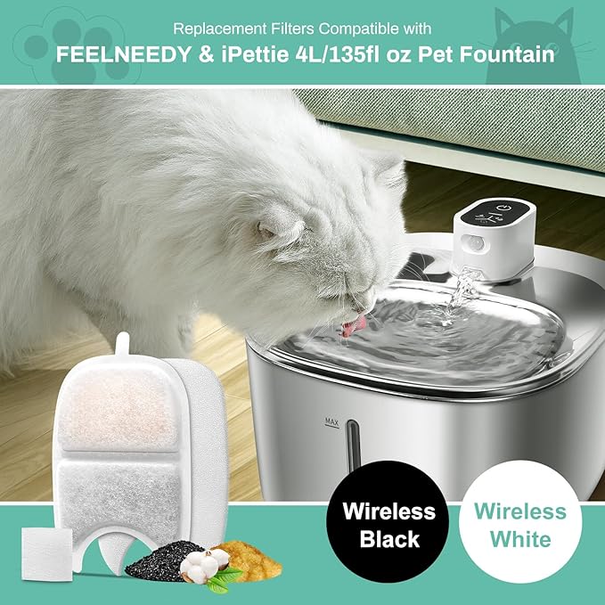 12 Set Replacement Filters & Sponges for 135 fl oz/4L Wilreless Cat Water Fountain, BFLICROY Cat Water Fountain Filters, Triple Filtration Pet Fountain Filter Replacement, Dog Fountain Filter