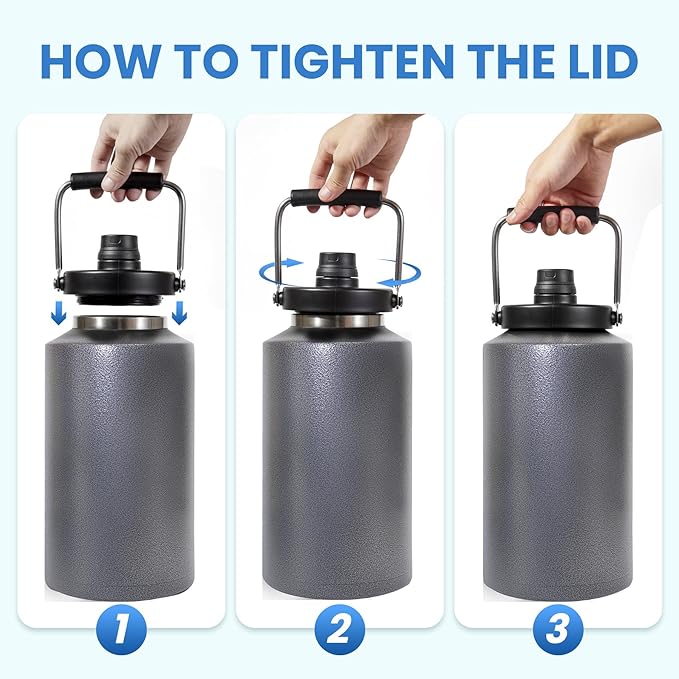 1 Gallon Water Bottle Insulated Stainless Steel Keeps Ice 48Hr, Large Water Gallon Jug Wide Mouth Leakproof Vacuum for Gym, Camping, & Construction Charcoal Gray