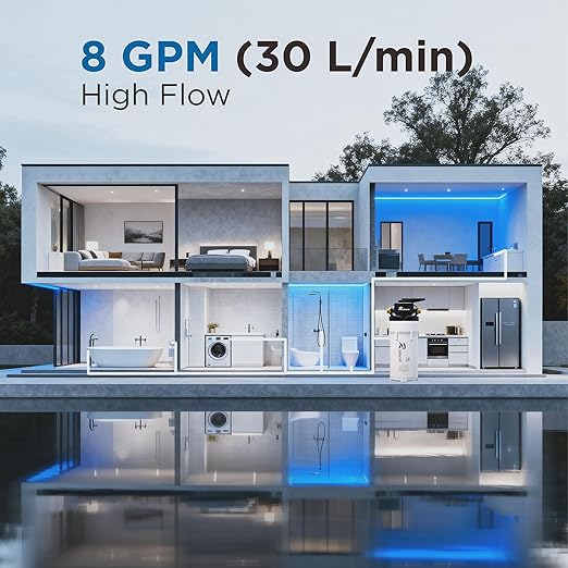 Whole House Water Filter System with 4-Mode Valve,Removes Iron, Sediment, Rust & Chlorine,Freeze Proof,8 GPM High Flow Pre-Filtration System for Well Water & City Water(Single Stage,10 Inch, Black)