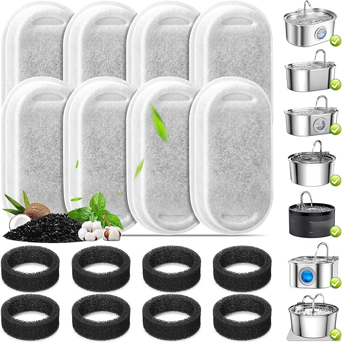 8 Pack Cat Water Fountain Filters, Replacement Filters & Pre-Filter Sponges for 3.2L/108Oz & 67oz/2L Stainless Steel Pet Fountain