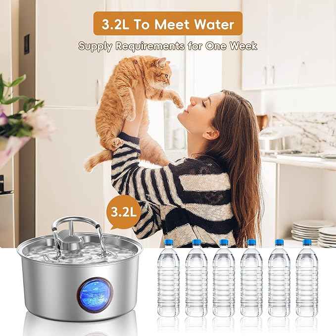 Tomxcute Cat Water Fountain Stainless Steel - 108oz/3.2L Cat Fountain for Drinking,Cat Drinking Fountain with Water Level Window,Smart Pump, Filters for Cats, Dogs, Multiple Pets
