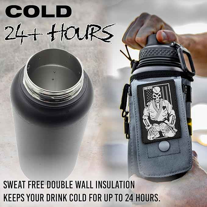 Iron Infidel Battle Bottle - 32 Oz Insulated Water Bottle with Straw Lid & Chug Cap, Stainless Steel Metal Flask Includes Rugged, Removable Sleeve for Keys, Wallet, & Phone (Earned, Not Given 1 Liter)