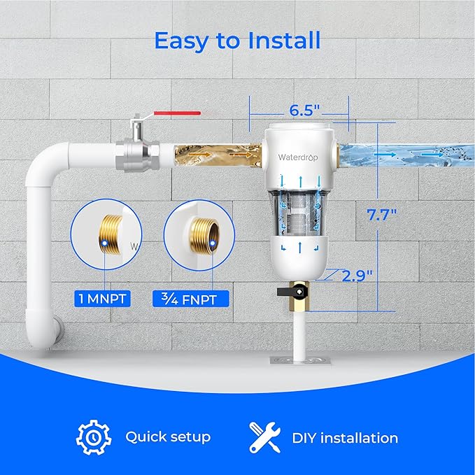 Waterdrop 15UA Under Sink Water Filter System, Under Counter Water Filter Direct Connect to Kitchen Faucet, and Waterdrop Spin Down Sediment Filter, Reusable Whole House Water Filter System 50 Micron