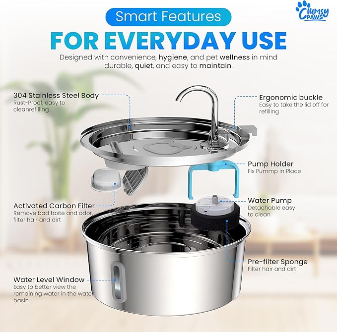 Stainless Steel Dog Water Fountain, 8L Large Automatic Water Dispenser for Cats, Dogs & Other pet, Quiet Filtered Fountain with Dual Outlets, USB Power Base for Home Use