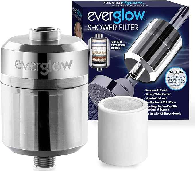 EVERGLOW High-Output Shower Filter, Reduces Chlorine, Dry Skin, Dandruff, Eczema, Heavy Metals and Vitamin C Infused for Dandruff and Softens Hard Water, 4.7”, Chrome