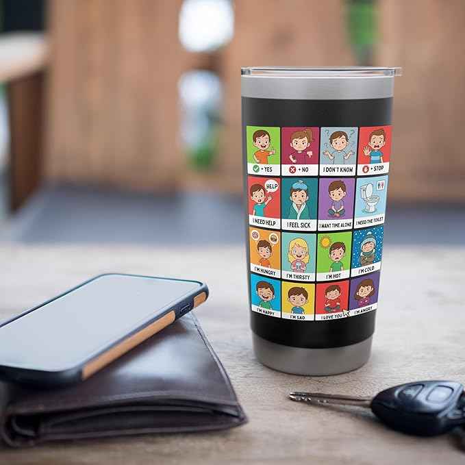 Autism ACC Communication Non Verbal Visual Aid Autistic Kids Stainless Steel Insulated Tumbler