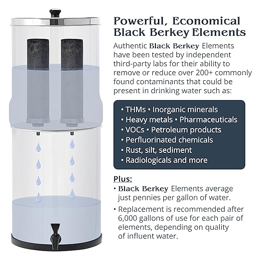 Travel Berkey Gravity-Fed Water Filter System with 2 Black Berkey Elements Plus Deluxe 7" Stainless Steel Water View Spigot