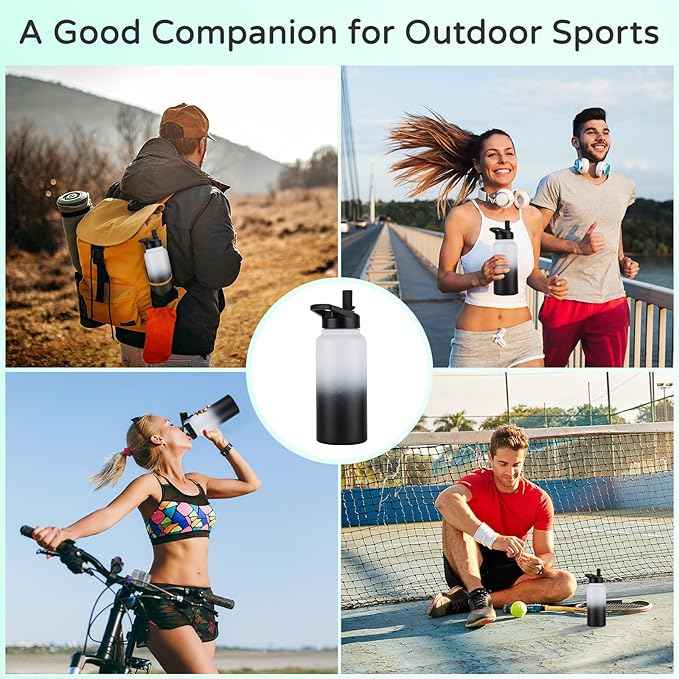 DOMICARE 32 oz Insulated Water Bottle Bulk, Vacuum Insulated Stainless Steel Sports Water Bottle with Straw Lid & Spout Lid, Leakproof, Reusable - Travel, Camping, Bike, Black White Gradient (4 Pack)