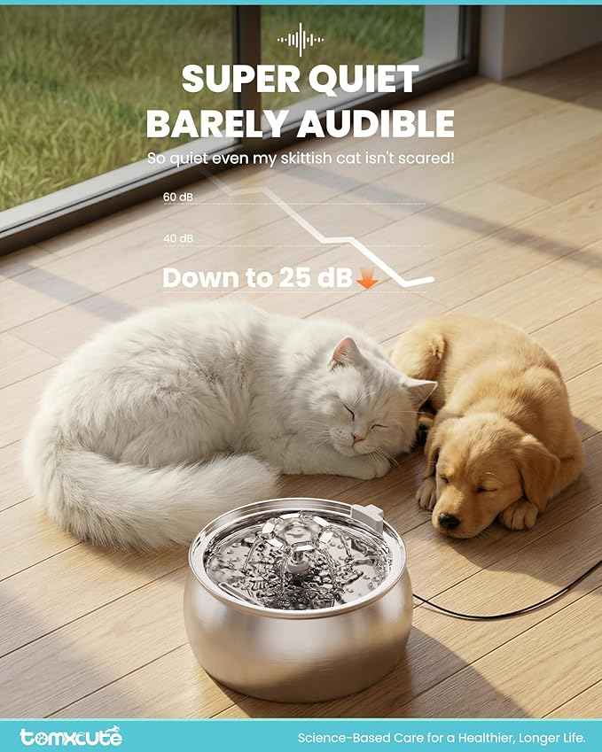 Tomxcute Cat Water Fountain, 4.0L/135oz Stainless Steel Cat Water Fountain, Flower Design, Ultra-Quiet Pump, Includes 3 Replacement Filters, for Cats and Dogs