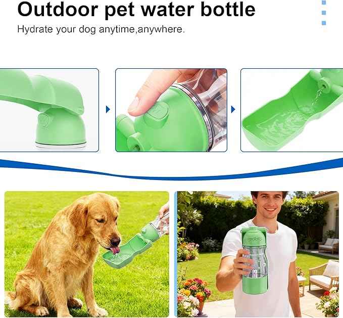 Portable Dog Water Bottle with Ozone Purification - Active Oxygen Puppy Water Bowl & Dispenser for Travel, (A-013B-Green)