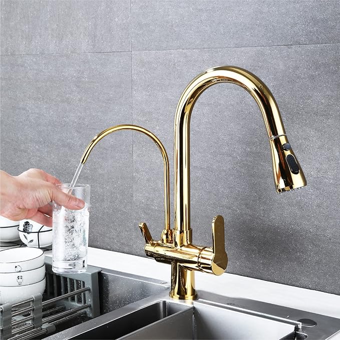 HUAHUALALA Kitchen Sink Faucet with Pull Down Sprayer 2 Handle 3 in 1 Water Filter Purifier Faucets, Brass Drinking Water Faucet Reverse Osmosis Gold