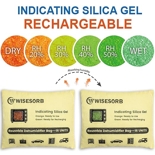 Rechargeable Gun Safe Dehumidifier, 4 Packs 8U Indicating Desiccant Packs with Transparent Window for Storage Reusable Silica Gel Packets Moisture Absorbers Safe Dehumidifier