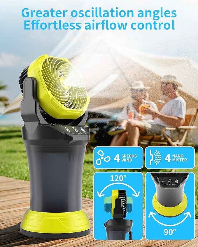 AVV Portable Misting Fan with RGB Ambient Light- 2L Water Tank, 4 Speeds & Spray Mist Fan, 30000mAh Rechargeable Misting Fans for Outdoor/Indoor Fans for Camping, Patio, Garden, Black-Green
