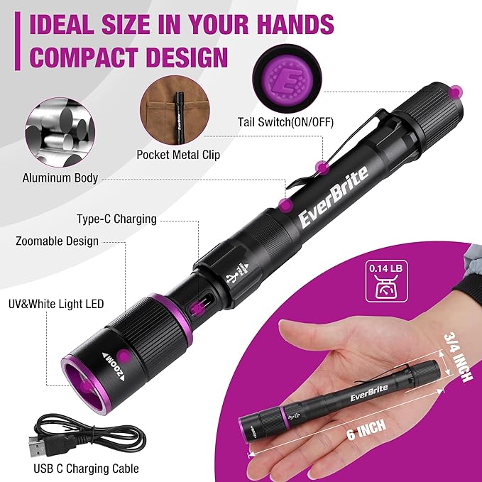 EverBrite Rechargeable Pen Flashlight with UV Light and White Light, 395nm Black Flashlight with Clip, Zoomable 4 Modes with Memory Function, USB C Cable, for Camping, Emergency(Black, 2 Pack)