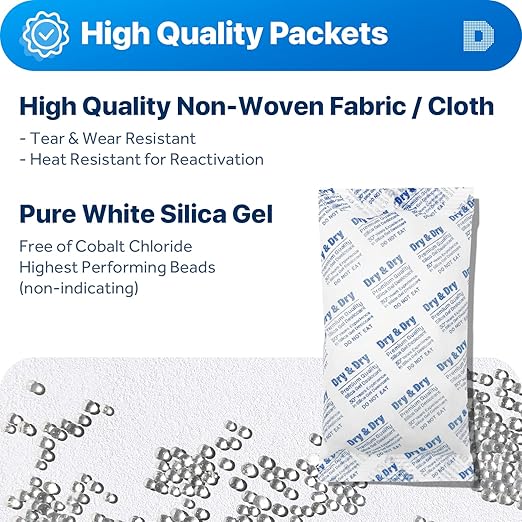 Dry & Dry 300 Gram [10 Packets] Silica Gel Packets Desiccants, Silica Packets - Rechargeable Silica Gel Packs, Desiccants Packets, Silica Gel