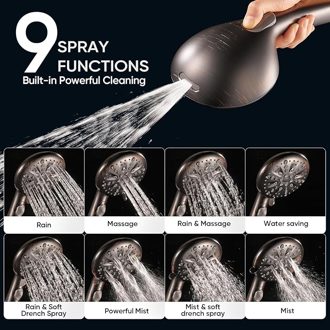 Cobbe High Pressure Shower Head with Built-in Pause Button, 9-Function Detachable Showerhead with Handheld Brass Swivel Bracket & Stainless Steel Hose, Water Saving 1-Click Stop,Oil Rubbed Bronze