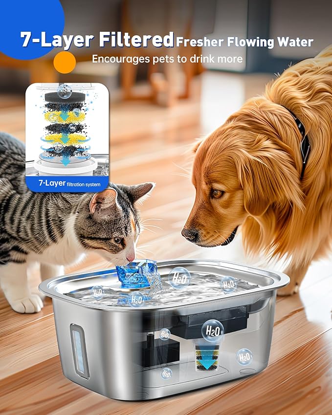 Dog Water Fountain for Large Dogs Stainless Steel, 3Gal Extra Large Dog Water Bowl Dispenser with 2 Filters & Visual Window, Automatic Filtered Pet Fountain Indoor, Quiet Safe Pump with LED Indicator