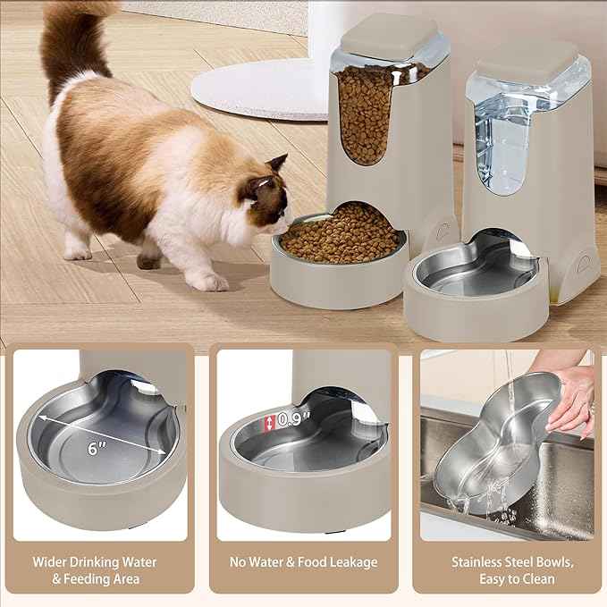 2 Pack Automatic Cat Feeder and Stainless Steel Water Dispenser, Gravity Dog Waterer Set Food Feeder and Waterer Set for Small Medium Kitten Puppy Pets(1 Gallon x 2, Brown)