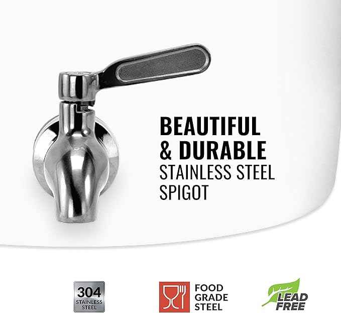 Geo Sports Porcelain Ceramic Crock Water Dispenser, Stainless Steel Faucet, Valve and Lid Included. Fits 3 to 5 Gallon Jugs. (Solid White)