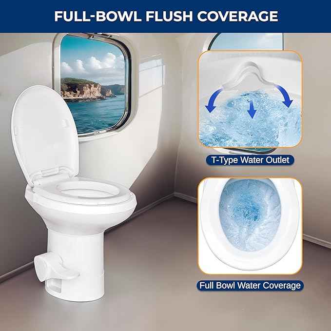 SereneLife Camper/RV Toilet – Easy Flush with Foot Pedal, Hand Sprayer, Soft-Close Seat, Leak-Proof Bowl, Odor-Free, Includes Accessories, Quick Install for RVs, Trailers, Boats & Marine Use