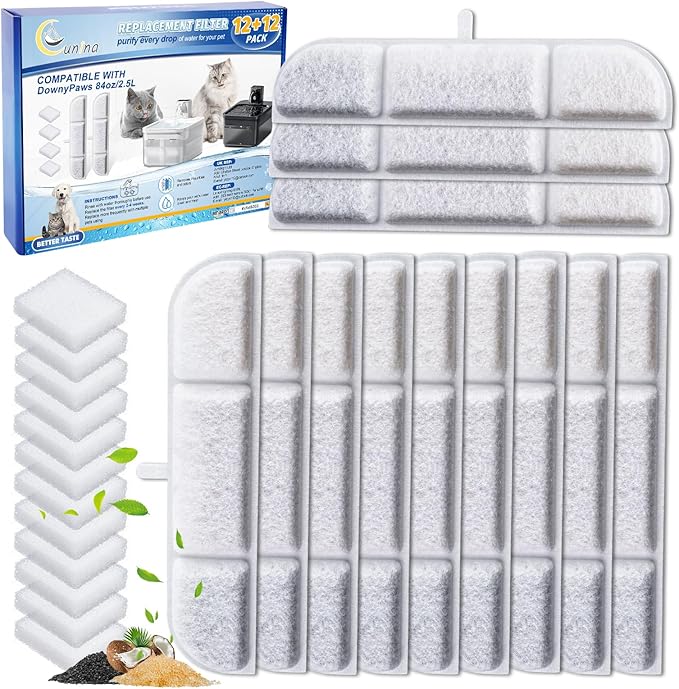 12+12 Packs Replacement Filters Compatible with DownyPaws Wireless Cat Water Fountain 84oz/2.5L,Cat Fountain Filter for Battery Operated Cat Water Fountain DPWFP6