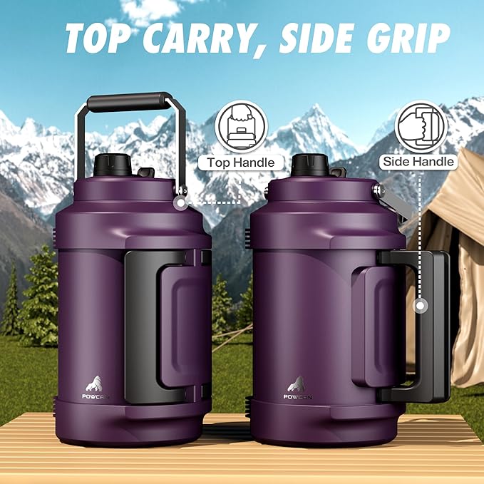 POWCAN 128 oz Insulated Water Bottle: 2-in-1 Straw Spout Lid, Dual Handle, Leakproof, Keep Cold 48H, Gallon Stainless Steel Water Jug for Camping, Travel, Gym, Hydration, Fitness, Daily (Burgundy)