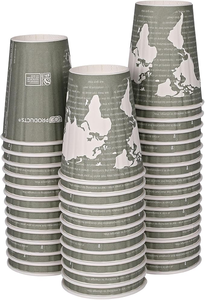 ECO PRODUCTS Compostable Disposable Insulated World Art 12oz Coffee Cups, Pack of 40, Renewable Double-wall Hot Paper Cup, Plant Based PLA Lining, No Sleeves Needed, Color Coded