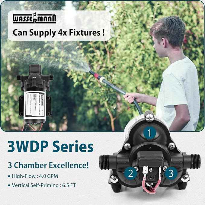 WASSERMANN RV Pump, 12V Self-priming RV Water Pressure Pump 4.0GPM 45PSI with Pressure Switch, for RV Marine Camping Yacht Garden, 12Volt DC Fresh Water Pumps RV Water Pump 2088-554-144 Replacement