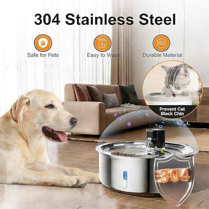 Dog Water Fountain, 8L Stainless Steel Dog Water Fountain for Large Dogs, Dog Water Bowl Dispenser, Super Quiet Pump and Replacement Filters for Cats and Dogs (Silver-8L+16Filters)