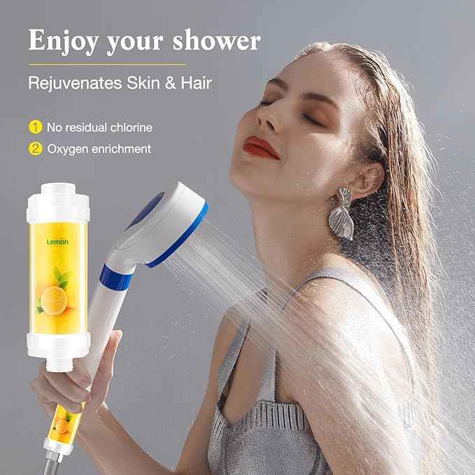 Vitamin C Shower Filter for Hard Water, Shower Head Filter to Chlorine Fluoride Sediment, Water Purifying Filtered Shower Head with Beads, Helps Dry Skin & Hair Loss, Easy Installation (Lemon)