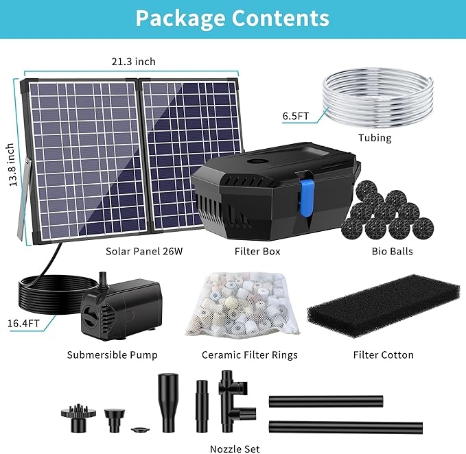 NFESOLAR Solar Pond Filter Fountain, 30W Solar Fountain Pump with Pond Filter, 16.4FT Cord, 6.6FT Tubing for Outdoor Pond 200-600 Gallons, Fish Tank, Pool, Garden Waterscape N3223