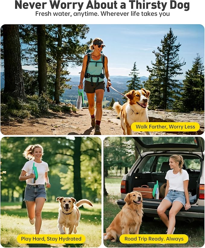 Stainless Steel Dog Water Bottle - 27 oz Portable Travel Dog Bottle & Bowl, Leak Proof Stainless Steel Metal Pet Water Bowl Dispenser for Camping, Hiking, Traveling, Walking (27oz, Green) - AquaVibe