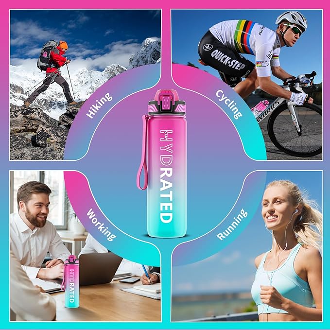 Water Bottle with Straw, 32oz Motivational Water Bottles with Time Marker to Drink, Tritan BPA Free, 1L Sports Water Bottle with Carry Strap LeakProof for Women Gym Fitness Outdoor (1 Pack)
