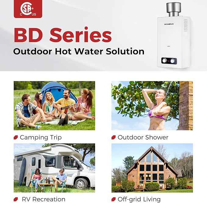 CAMPLUX 2.64 GPM Portable Tankless Water Heater, Outdoor Propane Water Heater with 4.33" S/S Rain Cap, for Camping, Cabin, Windproof Design, 68,000 BTU, BD264C