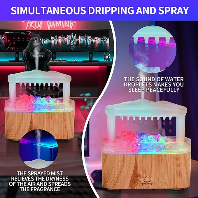 BOHOFAM Essential Oil Diffuser with Stone,Rain Cloud Humidifier, Simultaneously Water Drip and Air Mist,Aroma Diffusers has 8 Colorful and RBG Light Change for Home Bedroom